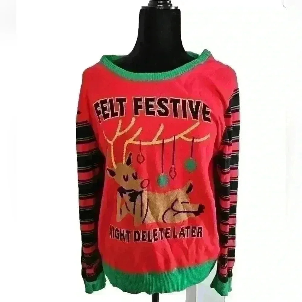 Mighty Fine Women's Ugly Christmas Reindeer Sweater L